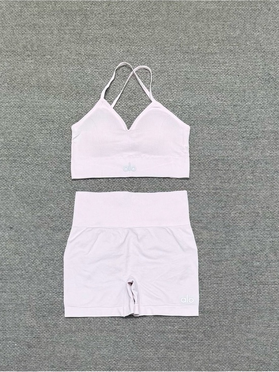 ALO Yoga Pants - ALO Yoga Light Pink Ribbed Bralette & High-Waist Bike Shorts Set